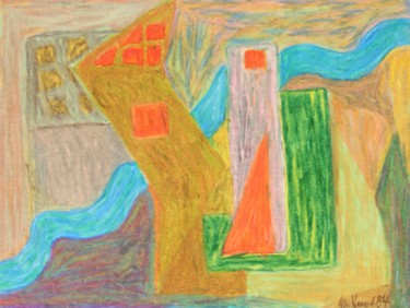 Malerei mit dem Titel "River Through Town" von Ulli Heupel, Original-Kunstwerk, Öl