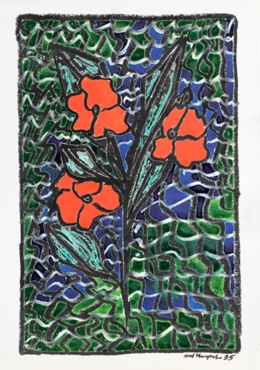 Malerei mit dem Titel "Red Flowers" von Ulli Heupel, Original-Kunstwerk, Öl