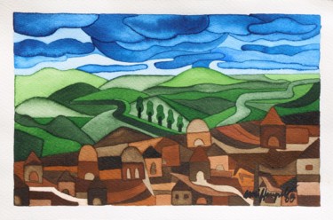 Malerei mit dem Titel "Nearby Village" von Ulli Heupel, Original-Kunstwerk, Öl