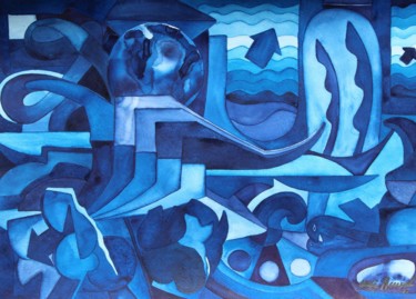 Schilderij getiteld "Blaues Einverständn…" door Ulli Heupel, Origineel Kunstwerk, Olie