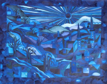 Schilderij getiteld "Blaue Landschaft" door Ulli Heupel, Origineel Kunstwerk, Olie