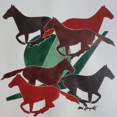 Картина под названием "Running Horses II" - Ulli Heupel, Подлинное произведение искусства, Акварель