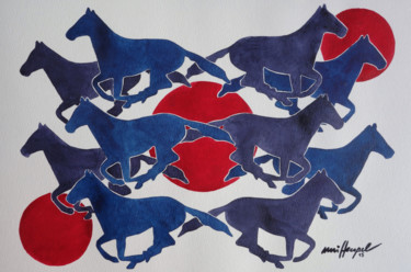 Картина под названием "Running Horses III" - Ulli Heupel, Подлинное произведение искусства, Акварель