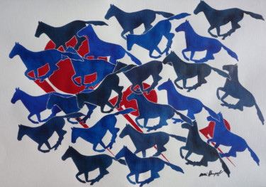 Malerei mit dem Titel "Blue Horses" von Ulli Heupel, Original-Kunstwerk, Aquarell