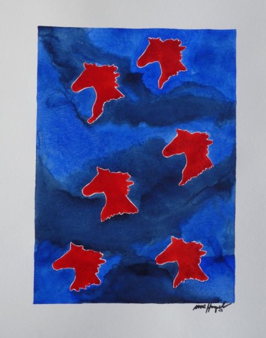 Malerei mit dem Titel "Red Horses" von Ulli Heupel, Original-Kunstwerk, Aquarell