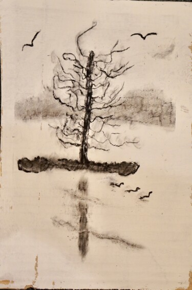 Pintura intitulada "Arbre dans un lac e…" por Ulrich Ernst Nievergelt, Obras de arte originais, Carvão