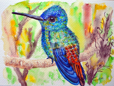 Pintura intitulada "Kolibri in schiller…" por Ulrike Kröll, Obras de arte originais, Aquarela