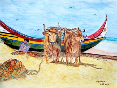 Algarvefischer Malerei mit dem Titel "Algarvefischer" von Ulrike Kröll, Original-Kunstwerk, Pastell