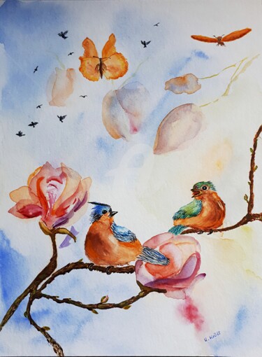 Malerei mit dem Titel "Verliebtes Vogelpär…" von Ulrike Kröll, Original-Kunstwerk, Aquarell