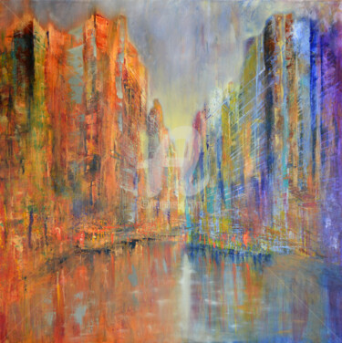 Pintura intitulada "Skyline am Fluss" por Ulrike Kröll, Obras de arte originais, Óleo