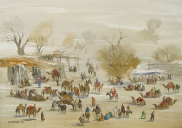 Painting titled "Camel bazaar" by Ulugbek Mukhamedov, Original Artwork, Watercolor