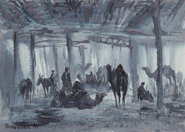 Schilderij getiteld "Caravan-serai" door Ulugbek Mukhamedov, Origineel Kunstwerk, Inkt