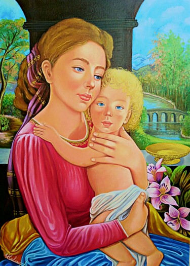 Painting titled "Madonna che abbracc…" by Ulyana Holevych, Original Artwork, Oil Mounted on Wood Stretcher frame