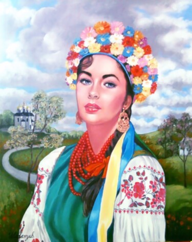 Painting titled "Omaggio a Liz Taylo…" by Ulyana Holevych, Original Artwork, Oil Mounted on Wood Stretcher frame