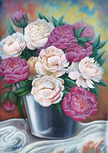 Painting titled "Peonie" by Ulyana Holevych, Original Artwork, Oil Mounted on Wood Stretcher frame