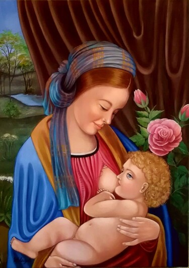 Painting titled "Madonna che allatta" by Ulyana Holevych, Original Artwork, Oil Mounted on Wood Stretcher frame