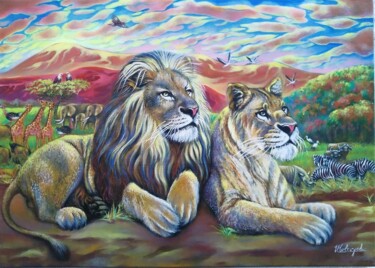 Painting titled "Re della Savana" by Ulyana Holevych, Original Artwork, Oil Mounted on Wood Stretcher frame