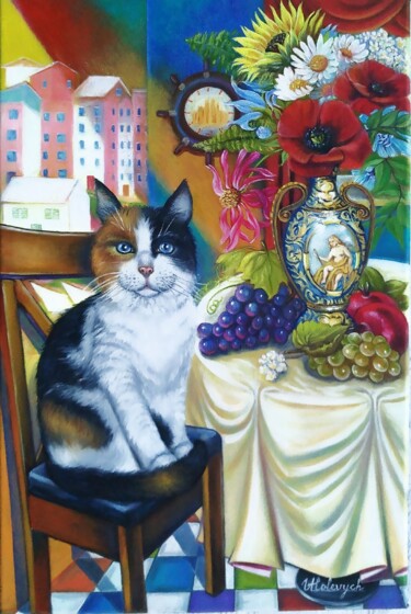 Pintura titulada "La gatta e fiori" por Ulyana Holevych, Obra de arte original, Oleo Montado en Bastidor de camilla de madera