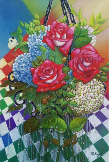 Картина под названием "Ortensie e rose dop…" - Ulyana Holevych, Подлинное произведение искусства, Масло Установлен на Деревя…