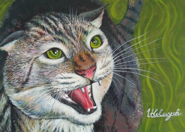 Painting titled "Gatto che soffia" by Ulyana Holevych, Original Artwork, Acrylic Mounted on Wood Stretcher frame