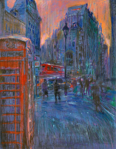 Ζωγραφική με τίτλο "🔴 London street II…" από Edward Umiński, Αυθεντικά έργα τέχνης, Παστέλ