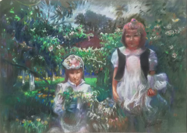 Painting titled "Ogród wiosna | Spri…" by Edward Umiński, Original Artwork, Pastel