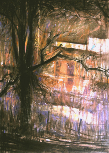 「Drzewa nocnej ulicy…」というタイトルの絵画 Edward Umińskiによって, オリジナルのアートワーク, パステル