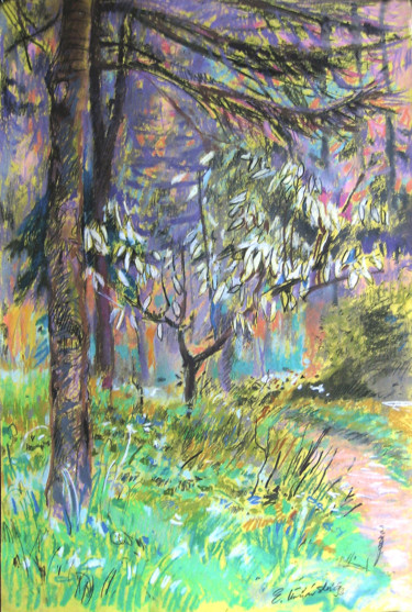 Painting titled "Drzewa z pleneru |…" by Edward Umiński, Original Artwork, Pastel