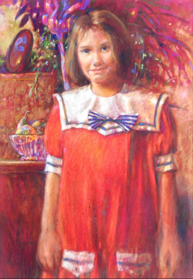 Schilderij getiteld "Portret w czewieni" door Edward Umiński, Origineel Kunstwerk, Pastel
