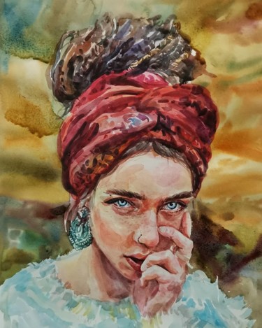 Schilderij getiteld "Девушка в красном п…" door Iana Zavorzaeva, Origineel Kunstwerk, Aquarel
