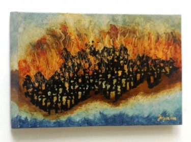 Malerei mit dem Titel "Brennende Stadt" von Jörg Hanam, Original-Kunstwerk, Öl