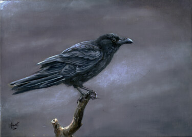 Schilderij getiteld "Raven" door Una Hurst, Origineel Kunstwerk, Olie Gemonteerd op Frame voor houten brancard