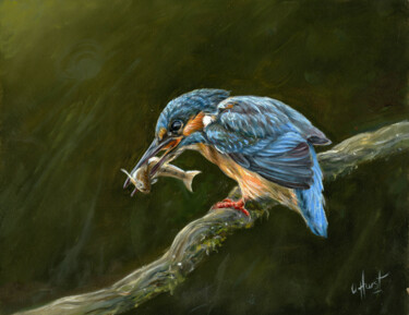 Painting titled "Kingfisher" by Una Hurst, Original Artwork, Oil Mounted on Other rigid panel