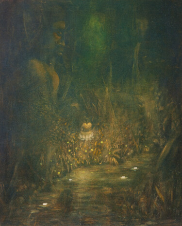 Painting titled "Lotus Pond" by Przemek Kret, Original Artwork, Oil Mounted on Other rigid panel