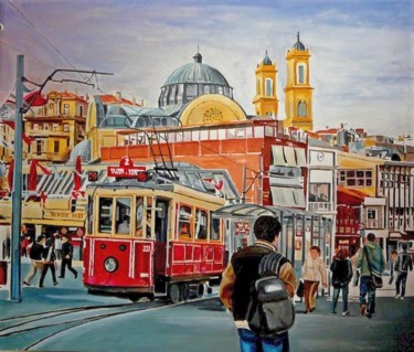 Painting titled "Taksim de Tramvay" by İSmail Üner, Original Artwork