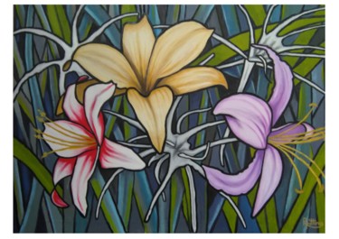 MAGIC FLOWERS Painting titled "MAGIC FLOWERS" by Roberto Pittino, Original Art, Oil Mounted on Stretcher frame