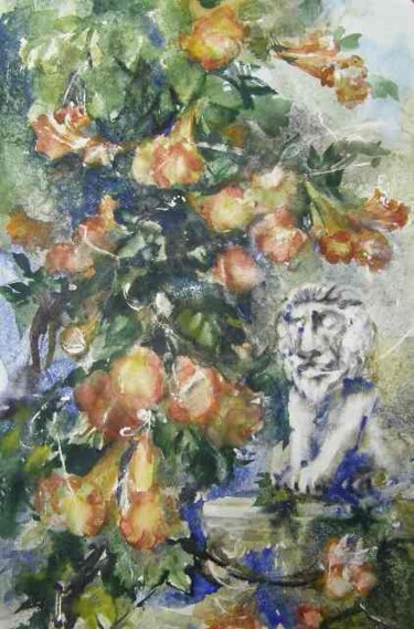 Картина под названием "Lion in a garden" - Unknown Artist, Подлинное произведение искусства