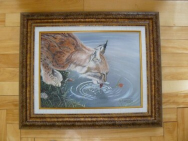 Peinture intitulée "Lynx à l'étang" par Unknown Artist, Œuvre d'art originale