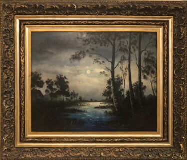 Painting titled "Night Waterscape" by Unknown Artist, Original Artwork, Oil