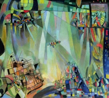 Картина под названием "Космический порт (s…" - Unknown Artist, Подлинное произведение искусства, Масло