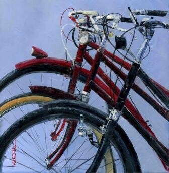 Peinture intitulée "Les vélos rouges" par Unknown Artist, Œuvre d'art originale