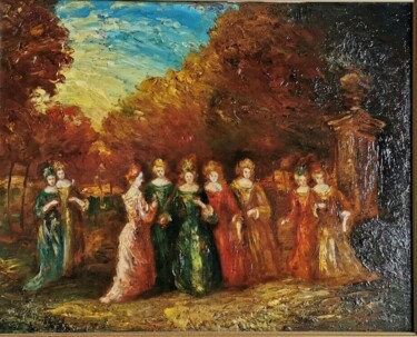 Painting titled "scene de cour dans…" by Unknown Artist, Original Artwork, Oil
