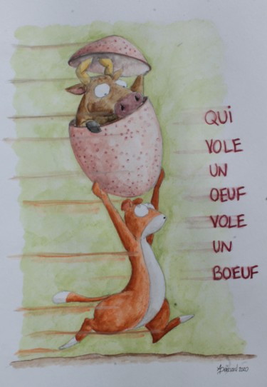 Drawing titled "Qui vole un oeuf vo…" by Un Monde Plus Mieux, Original Artwork, Watercolor