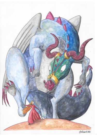 Drawing titled "mon dragon" by Un Monde Plus Mieux, Original Artwork, Watercolor
