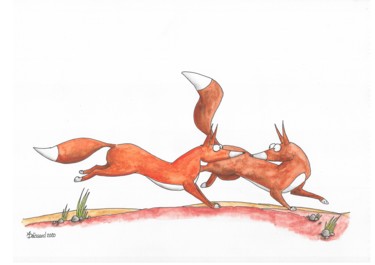Dessin intitulée "2 renards" par Un Monde Plus Mieux, Œuvre d'art originale, Aquarelle