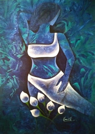 Painting titled "Lady with Lotus" by Unnati S Khare, Original Artwork, Acrylic
