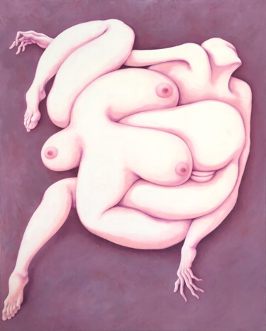 Painting titled "Sleeping nude" by Unos Lee, Original Artwork, Oil Mounted on Wood Stretcher frame