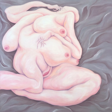 Pittura intitolato "Lying nude on gray…" da Unos Lee, Opera d'arte originale, Olio Montato su Telaio per barella in legno