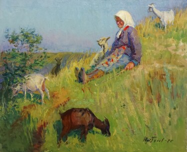 Painting titled "Тётя Марина и козы" by Iurii Viktorovich Gusev, Original Artwork, Oil Mounted on Wood Stretcher frame