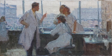 Painting titled ""Биохимики" Этюд" by Iurii Viktorovich Gusev, Original Artwork, Oil Mounted on Wood Stretcher frame